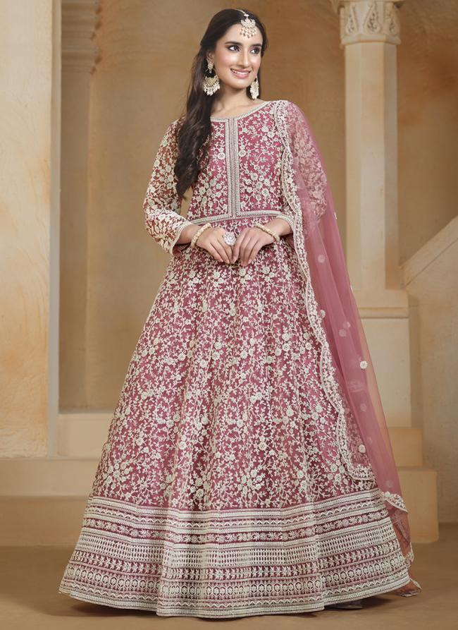 Net Pink Wedding Wear Embroidery Work Anarkali Suit